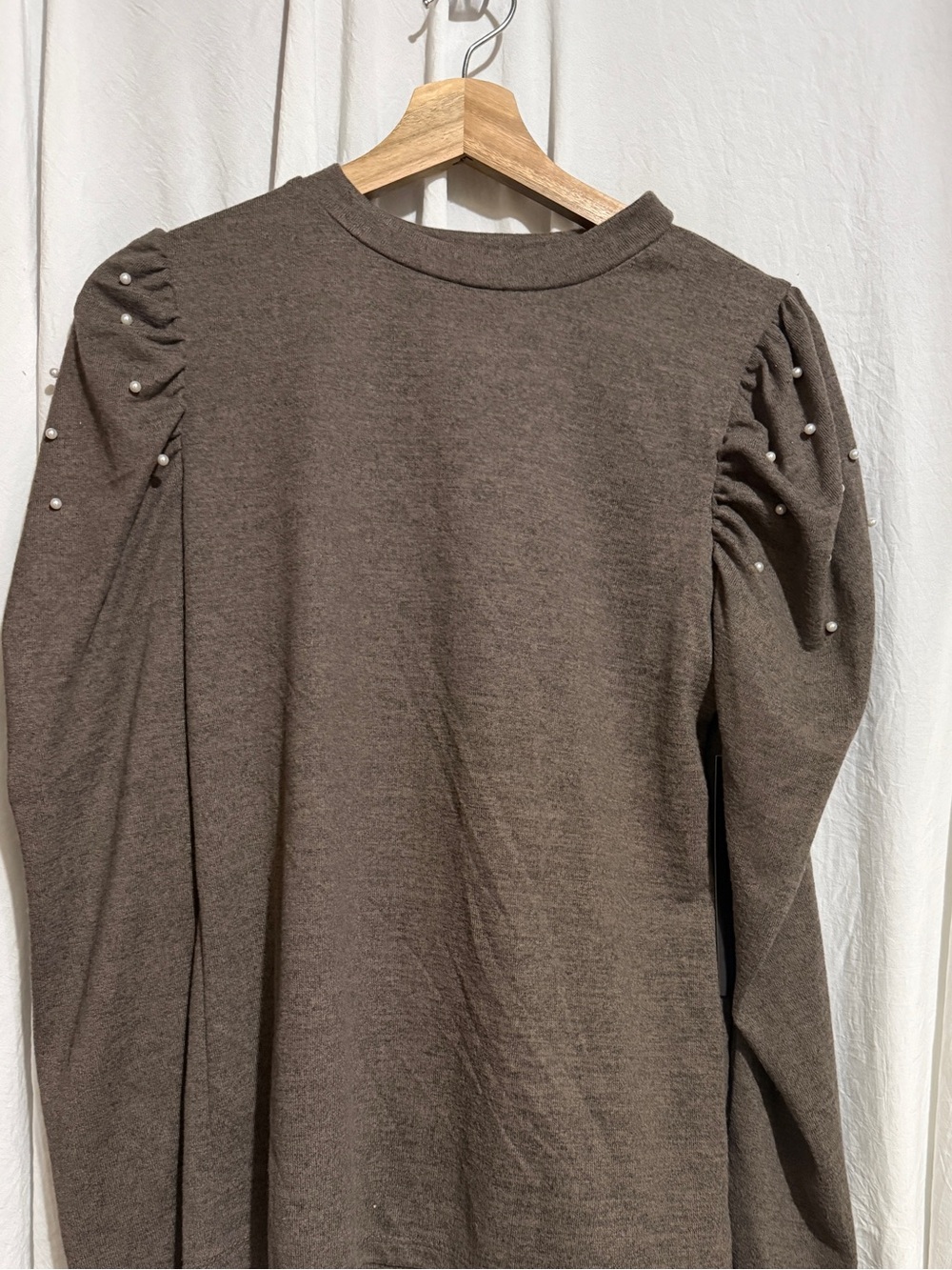 Pearl-Trim Puff Sleeve Sweater Top - Brown